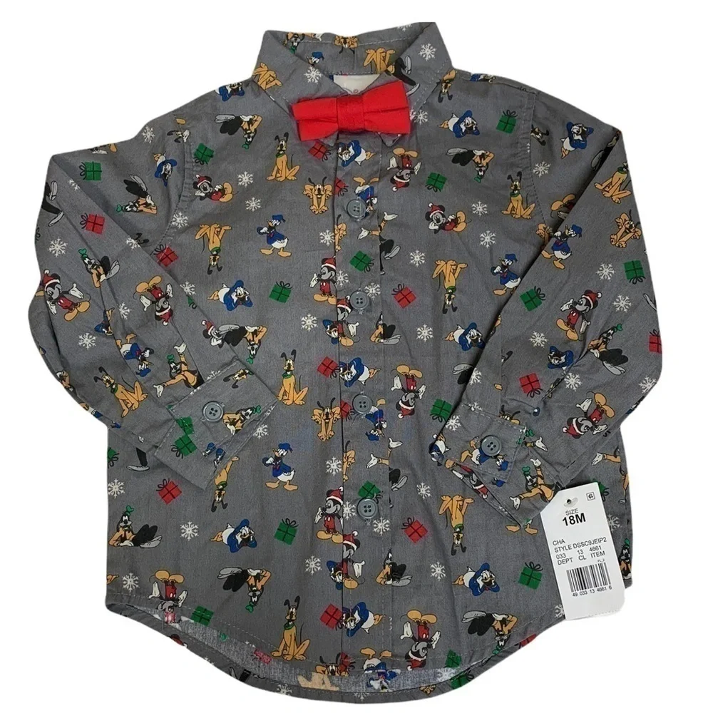 Disney holiday button up long sleeve shirt with red bow tie 18m